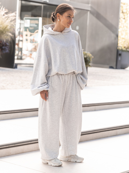 Bawełniane dresowe SPODNIE oversize baggy ze ściągaczami z dresówki pętelkowej szary melanż X516