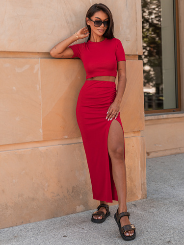 Elegancki KOMPLET bluzka z krótkim rękawem i spódnica maxi drapowana czerwony X259