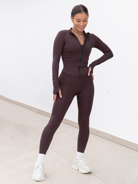 FITNESS / SIŁOWNIA / JOGA dopasowana BLUZA zapinana na zamek z długim rękawem czekoladowa F104
