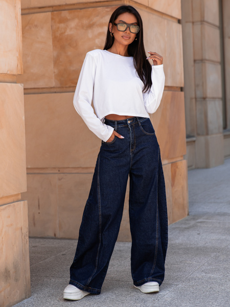 Bawełniany T-SHIRT bluzka z długim rękawem z poduszkami na ramionach biała X308 k01