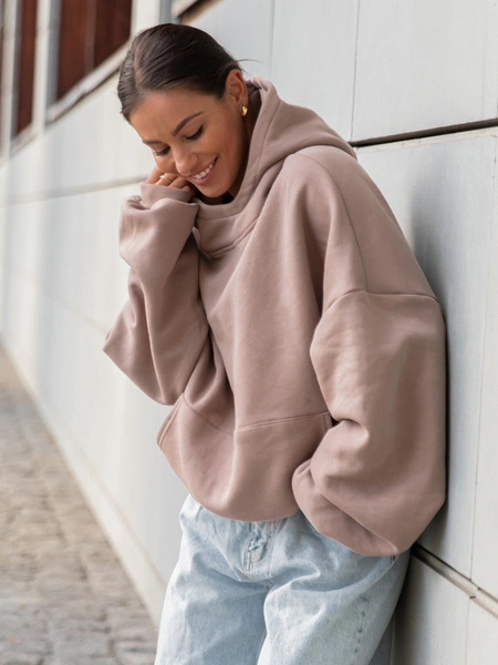 Viralowa Bawełniana BLUZA z drapanego dresu z kapturem na stójce z kieszeniami kangurka mokka E1