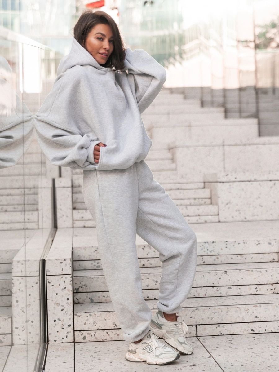 Dresowe bawełniane SPODNIE z wysokim stanem luźny krój ze ściągaczami szary melanż E341