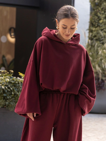 Bawełniana dresowa BLUZA z kapturem oversize z szerokimi rękawami z dresu pętelkowego bordowa X515