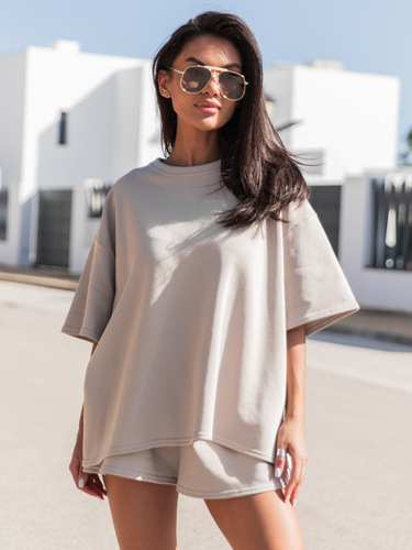 Dresowy bawełniany KOMPLET długi oversizowy t-shirt i krótkie spodenki stone X134