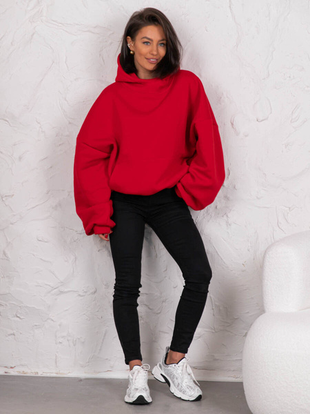 Bawełniana BLUZA z drapanego dresu z kapturem na stójce z kieszeniami kangurka czerwona E1