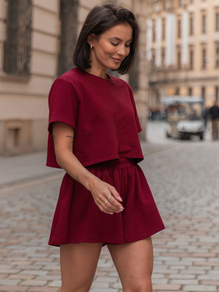 Dresowy bawełniany KOMPLET krótki oversizowy t-shirt i krótkie spodenki bordowy X133