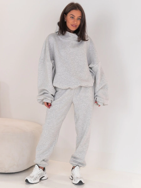 Dresowe bawełniane SPODNIE z wysokim stanem luźny krój ze ściągaczami szary melanż E341