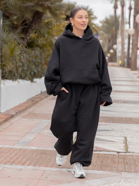 Zestaw dresowy oversize – bluza z kapturem + spodnie barrel | kolor czarny