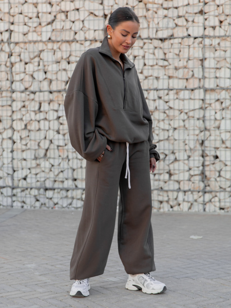 Oversizowe bawełniane SPODNIE dresu drapanego z przeszyciem i ściągaczami dark mokka X476