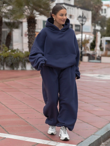 Dresowa bluza z bawełny baggy z kangurką i kapturem navy blue X562