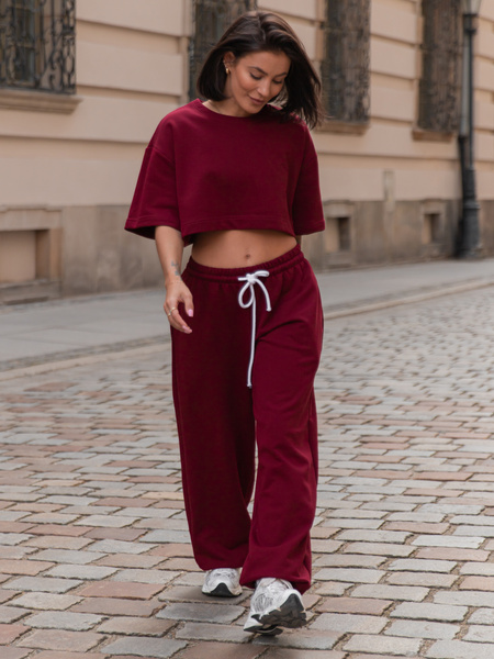 Luźne SPODNIE baggy ze sznurkiem z bawełnianej dresówki niedrapanej od wewnątrz bordowe X217