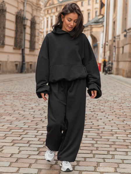 Luźna BLUZA z kapturem oversize szeroka z bawełnianej dresówki niedrapanej od wewnątrz czarna X150