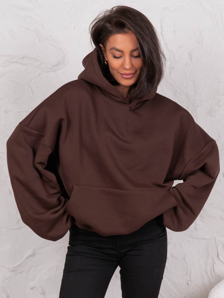 Dresowa bawełniana BLUZA z kapturem oversize szeroka brązowa E644