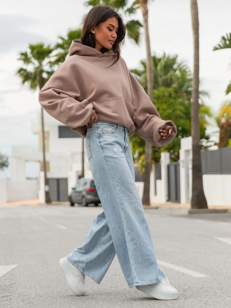 Viralowa Dresowa bawełniana BLUZA z kapturem oversize szeroka mokka E644