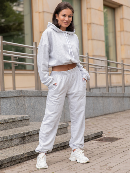 Dresowy bawełniany KOMPLET bluza kangurka z kapturem i spodnie klasyczny krój szary melanż X305 k01