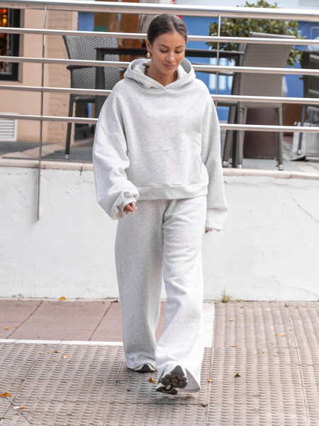 Oversizowa bawełniana BLUZA kangurka z kapturem z prostym ściągaczem z dresu drapanego szary melanż X511