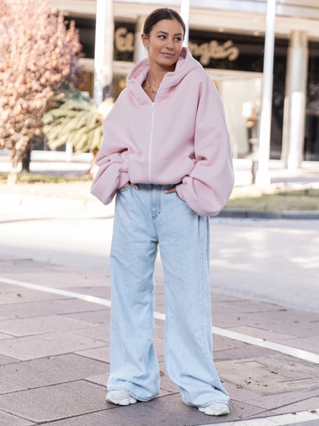 Bawełniana oversizowa BLUZA z kapturem zapinana na zamek z dresu drapanego baby pink X508