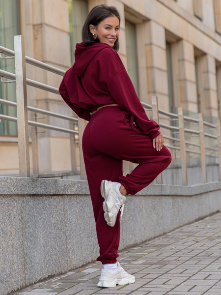 Dresowy bawełniany KOMPLET bluza kangurka z kapturem i spodnie klasyczny krój bordowy X305