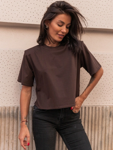 Bawełniany T-SHIRT bluzka z krótkim rękawem z poduszkami na ramionach brązowy E429