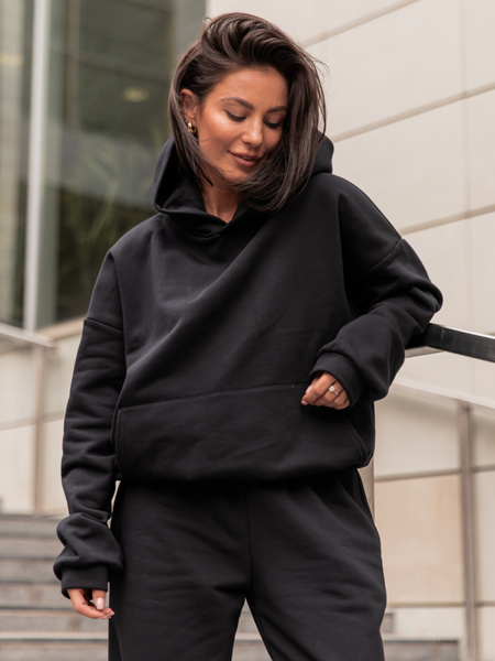 Dresowa bawełniana BLUZA z kapturem kangurka o klasycznym kroju czarna X350