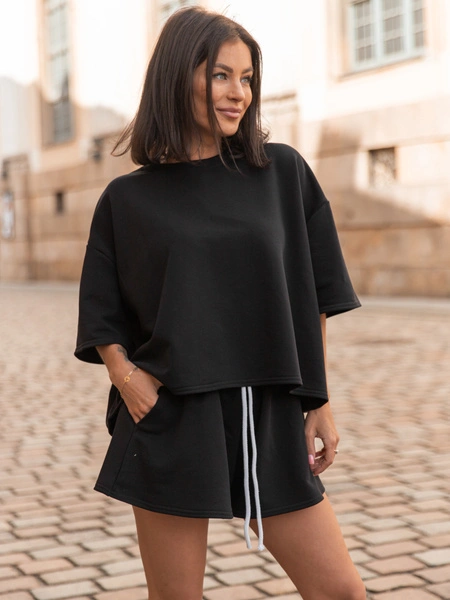 Dresowy bawełniany KOMPLET krótki oversizowy t-shirt i krótkie spodenki czarny X156