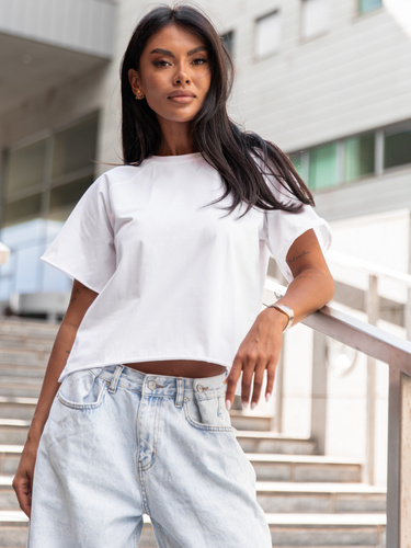 Bawełniany T-SHIRT bluzka z krótkim reglanowym rękawem biały X354