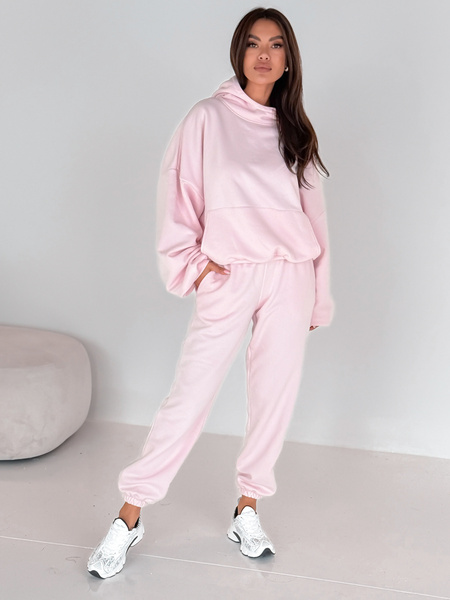 Dresowe bawełniane SPODNIE z wysokim stanem luźny krój ze ściągaczami baby pink E341