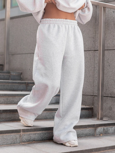 Dresowe bawełniane SPODNIE  z szerokimi nogawkami szary melanż X31