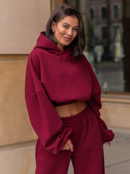 Dresowa bawełniana BLUZA kangurka z kapturem o krótszym kroju bluzowana bordowa X304