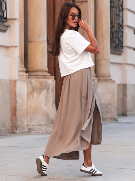 Zwiewna długa SPÓDNICA maxi z rozporkami cappuccino E414 k01