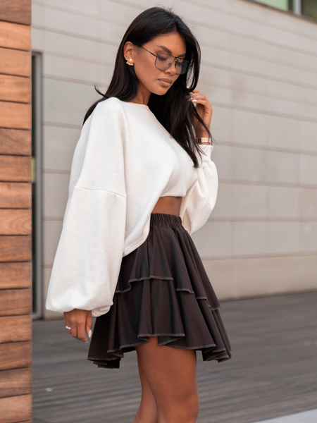 Rozkloszowana mini SPÓDNICA z falbankami z asymetrycznym dołem czekoladowa X360