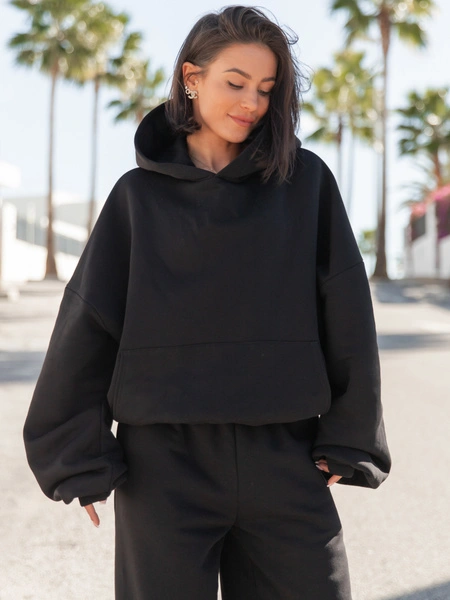Viralowa Dresowa bawełniana BLUZA z kapturem oversize szeroka czarna E644
