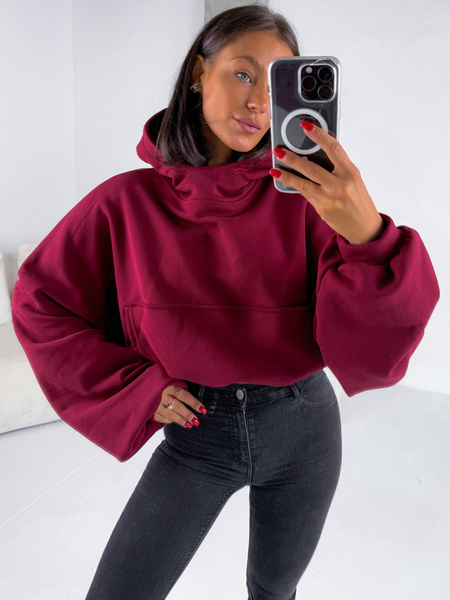 Bawełniana dresowa BLUZA z kapturem kangurka oversize bordowa E360 k01
