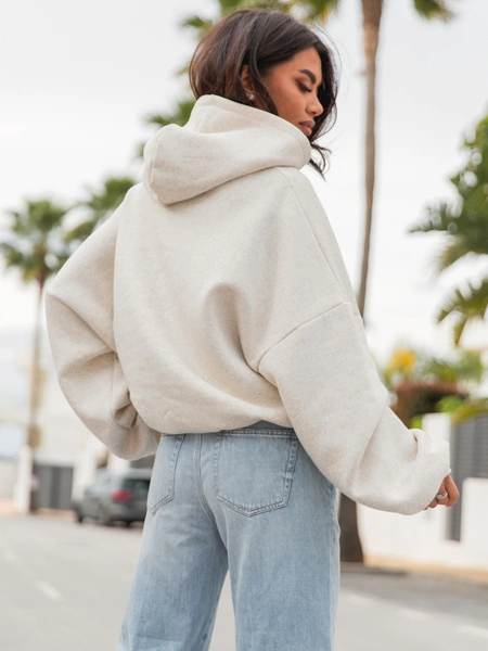 Viralowa Dresowa bawełniana z lnem BLUZA z kapturem oversize szeroka beż melanż E644 k01