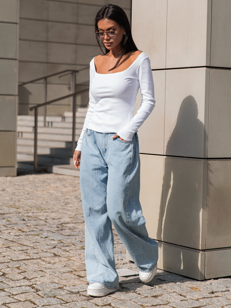 Basic Bawełniana BLUZKA z prążkowanej dzianiny z kwadratowym dekoltem biała X406