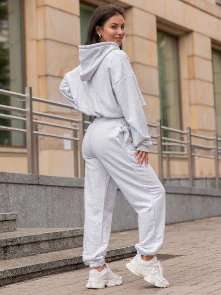 Dresowy bawełniany KOMPLET bluza kangurka z kapturem i spodnie klasyczny krój szary melanż X305 k01