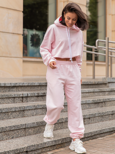 Dresowy bawełniany KOMPLET bluza kangurka z kapturem i spodnie klasyczny krój baby pink X305 k01