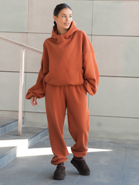 Viralowa Bawełniana BLUZA z drapanego dresu z kapturem na stójce z kieszeniami kangurka pumpkin orange E1