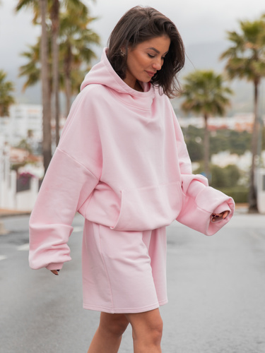 Viralowa Bawełniana BLUZA z drapanego dresu z kapturem na stójce z kieszeniami kangurka baby pink E1