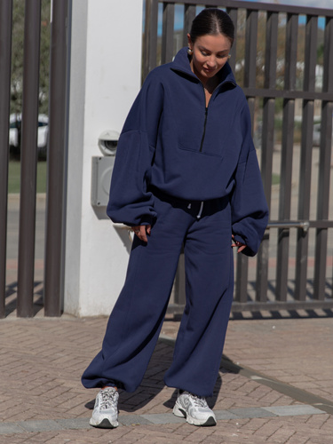 ZESTAW DRESOWY: Oversizowa BLUZA z dresu drapanego na stójce z zamkiem X477 + Oversizowe SPODNIE dresu drapanego z przeszyciem i ściągaczami X476