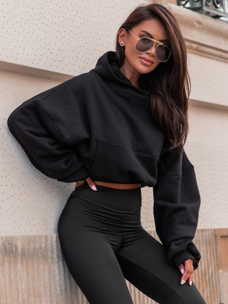 Bawełniana dresowa BLUZA z kapturem kangurka oversize czarna E360 k01