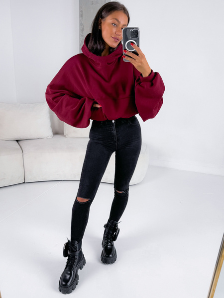 Bawełniana dresowa BLUZA z kapturem kangurka oversize bordowa E360 k01