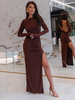 Elegancka dopasowana SUKIENKA maxi z wycięciem na plecach brązowa E637 k01
