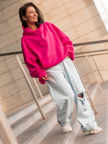 Viralowa Bawełniana BLUZA z drapanego dresu z kapturem na stójce z kieszeniami kangurka różowa E1