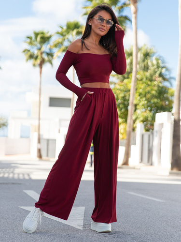 Szerokie SPODNIE z wiskozy z wysokim stanem z zaszewkami bordowe X18 k01