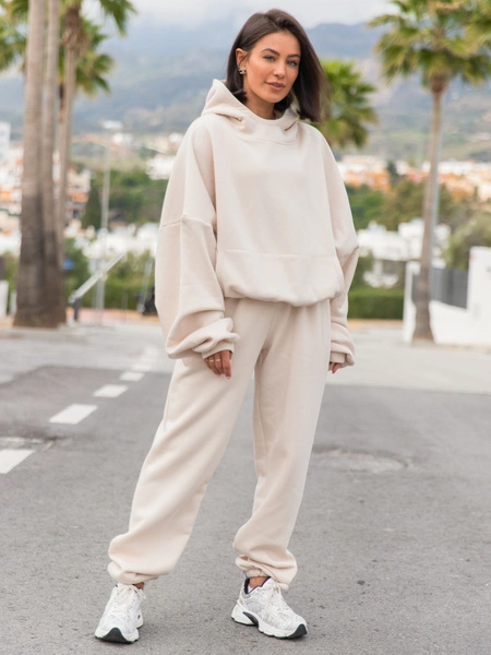 Viralowa Oversizowa bawełniana BLUZA dresowa z kapturem bluzowana kangurka waniliowa X2 k01