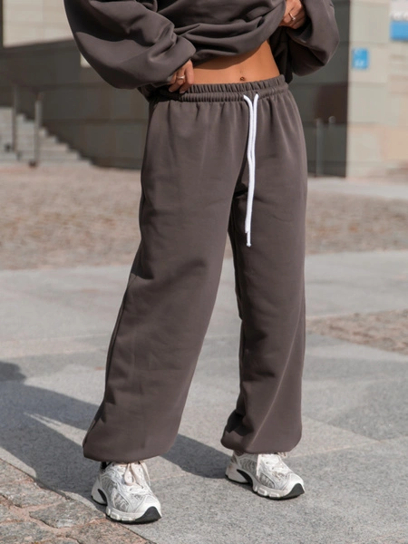 Dresowe bawełniane SPODNIE baggy niski stan dark mokka X403