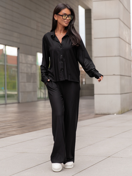 Wiskozowy codzienny KOMPLET lużna bluzka o kroju koszuli i luźne spodnie czarny X357