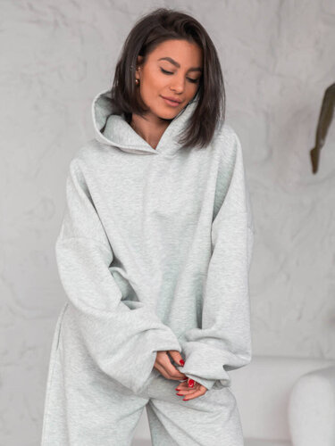 Dresowa bawełniana BLUZA z kapturem oversize szeroka szary melanż E644