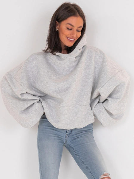 Bawełniana BLUZA z drapanego dresu z kapturem na stójce z kieszeniami kangurka szary melanż E1